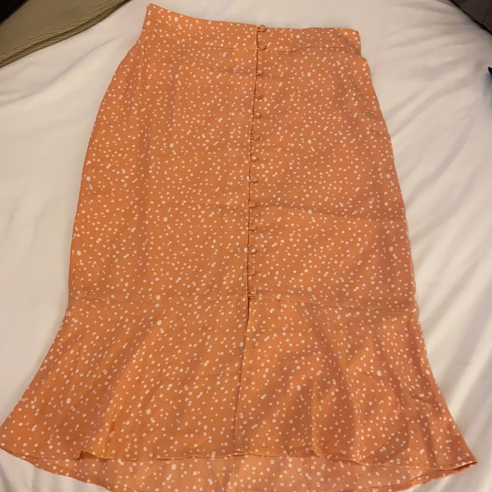 Orange and white polka dot button front midi skirt